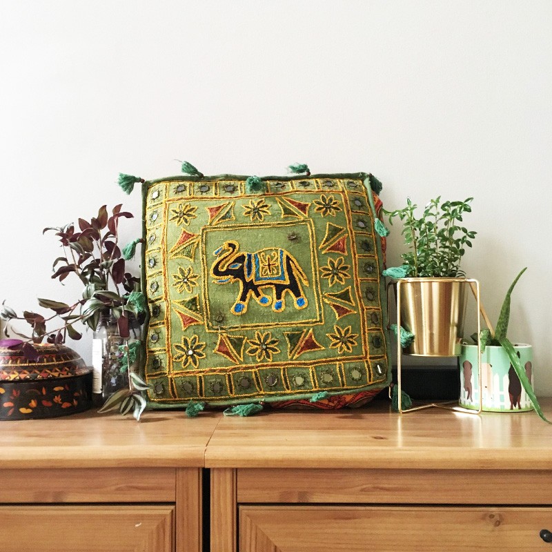 Elephant Embroidery Cushion - Green