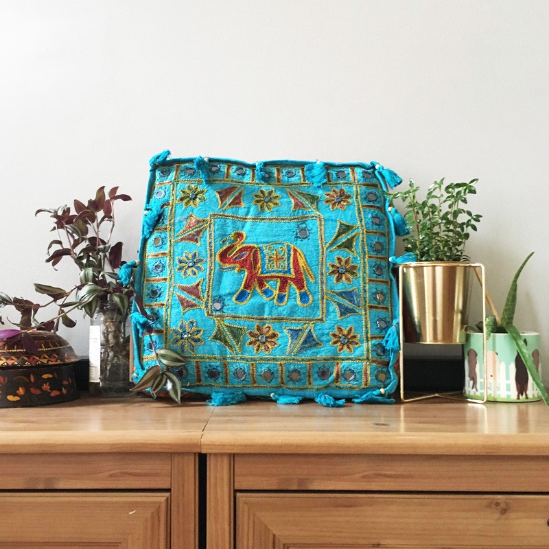 Elephant Embroidery Cushion - Turquoise