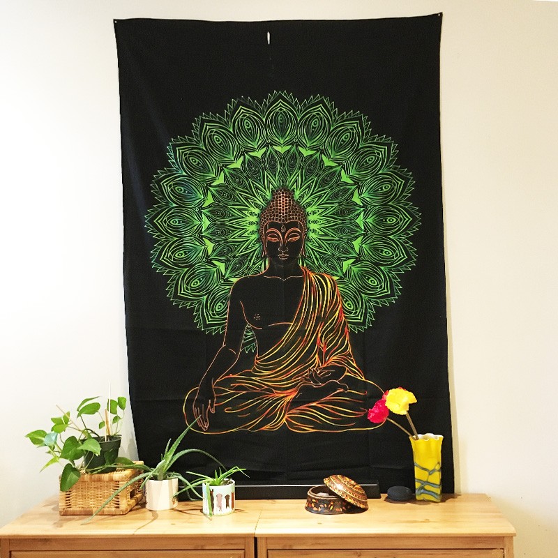 Tapestry - Peacock Buddha (Black & Neon)